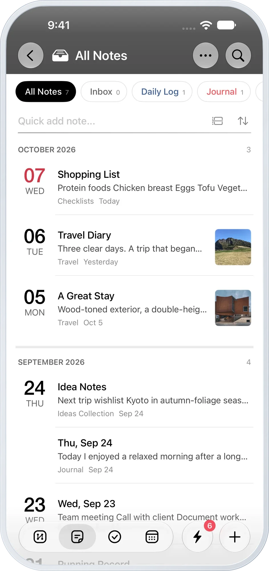 Diary view with notes, dates and photos grouped by month