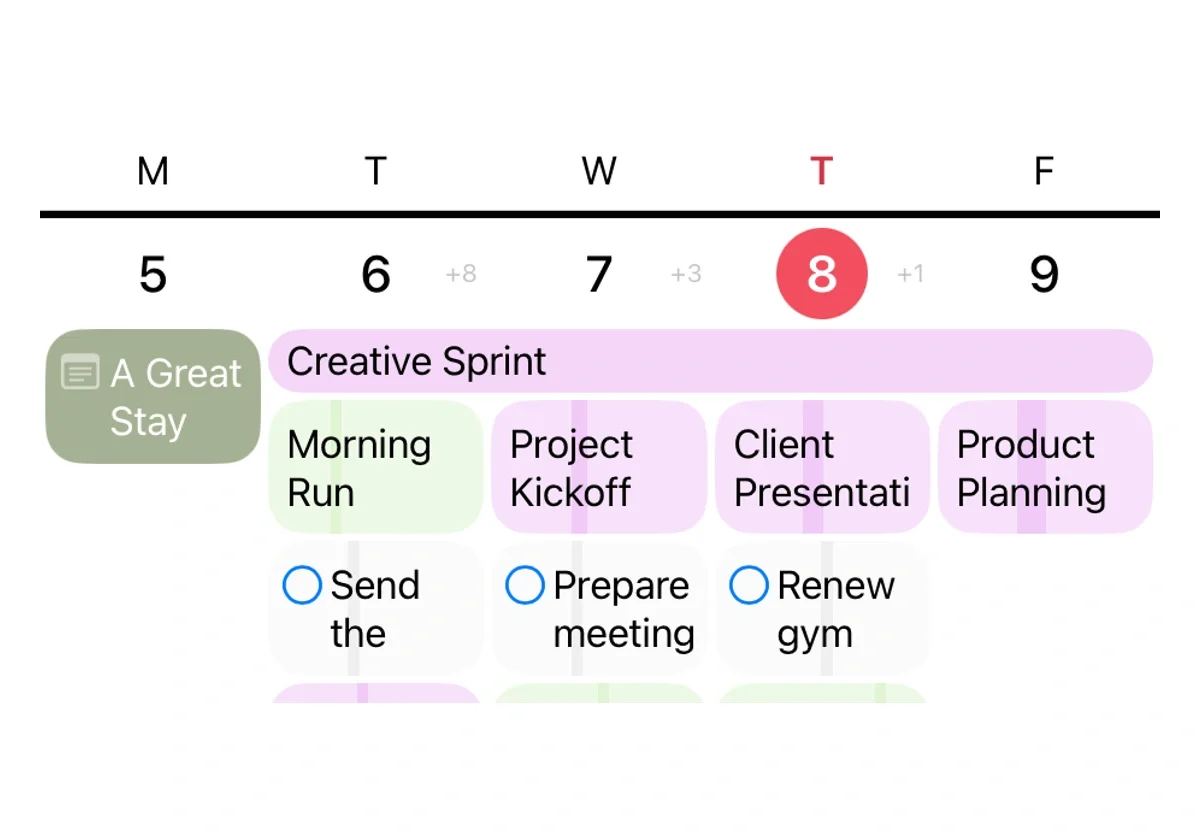 An expanded week showing events, tasks and notes from October 5 to 9