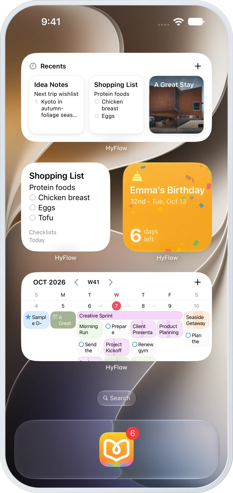 iPhone Home Screen with notes, special dates, checklists and weekly widgets