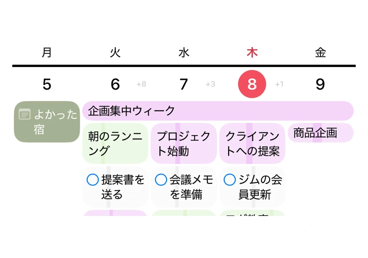 10月5日から9日の予定、タスク、ノートを広げた週表示