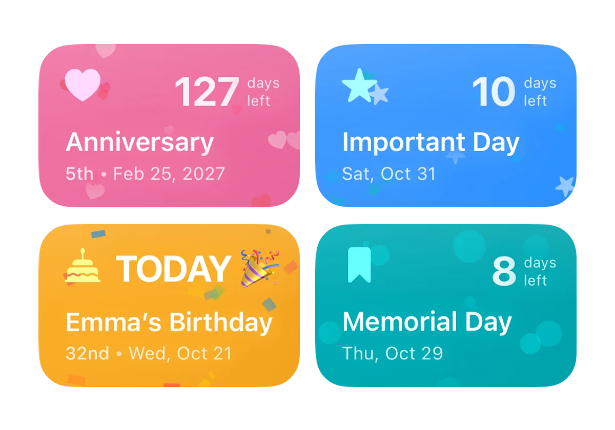 Special date cards showing days until birthdays and important dates